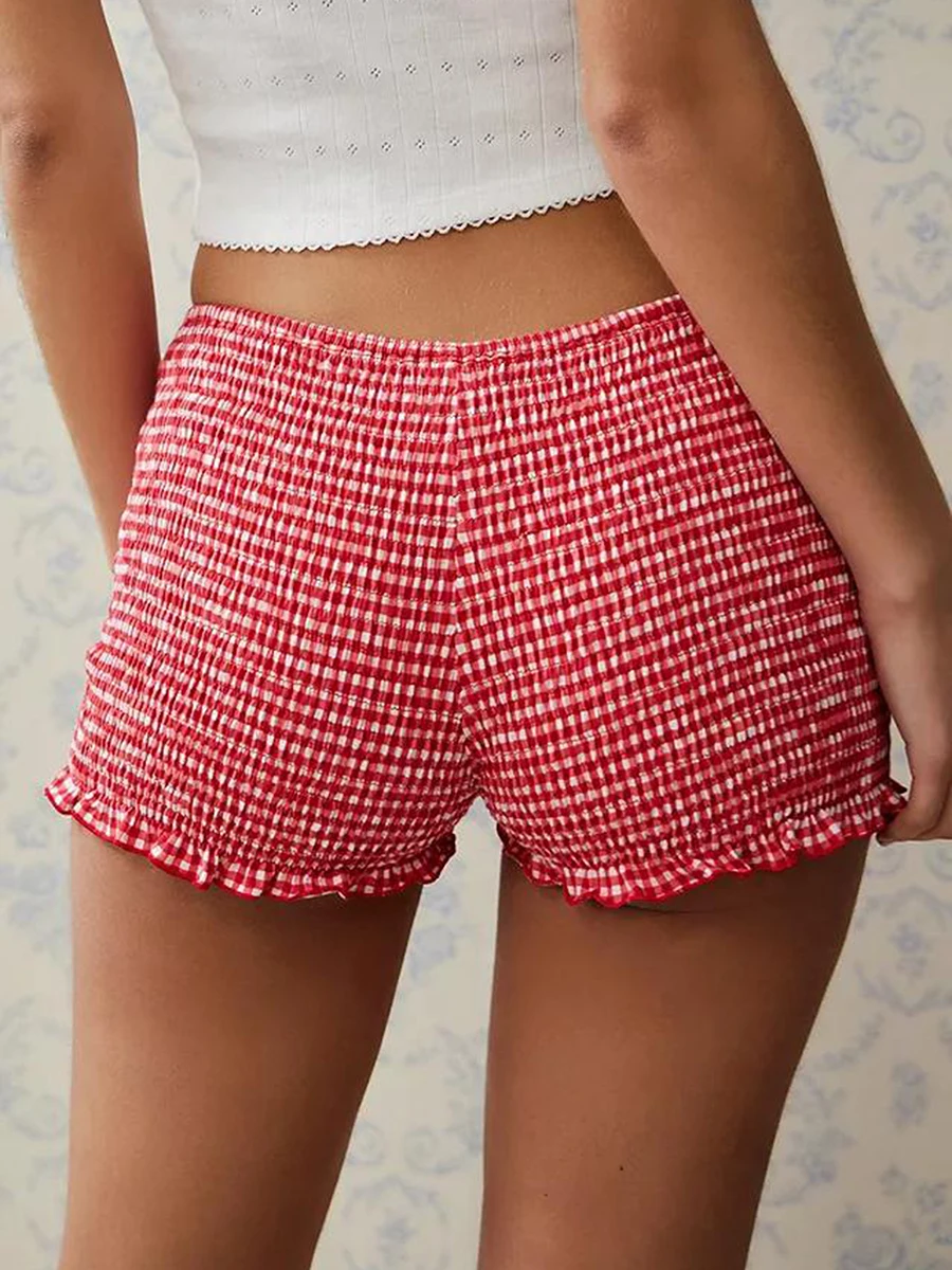 Neue Mode Damen Sommer lässig Pyjama Shorts rot Gummiband Rüschen Trim Plaid Lounge Shorts haut freundlich heiß Verkauf s m l