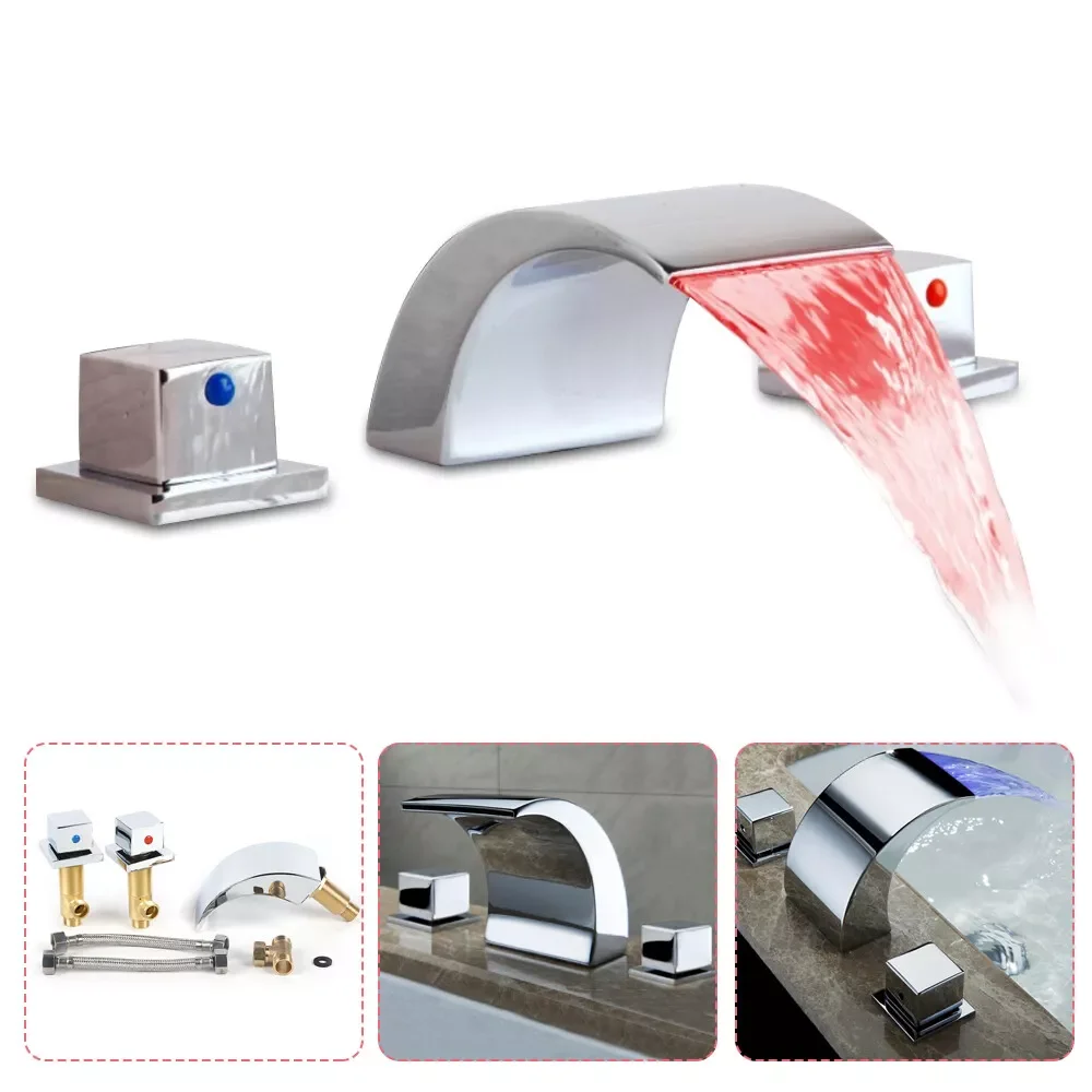 8" Widespread Bathroom Sink Faucet 3 Holes 2 Handle Basin Mixer LED Waterfall US 2