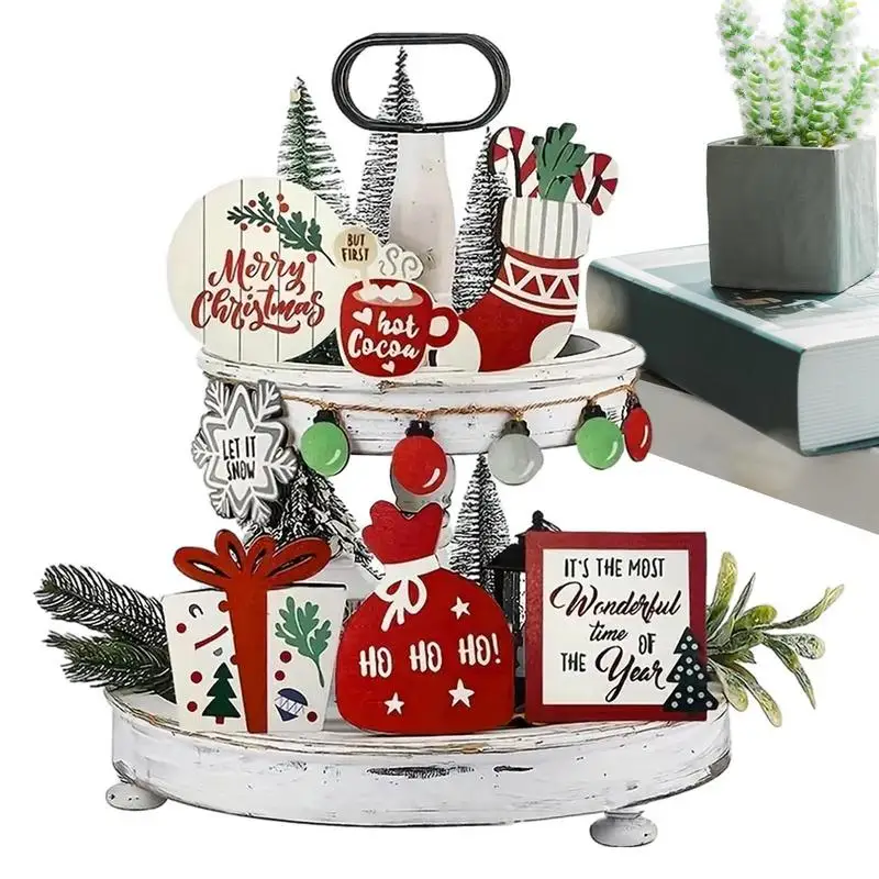 Christmas Tiered Tray Decorations Rustic Farmhouse Wooden Table Sign Serving Tray Multifunctional Table Centerpieces Wood Sign