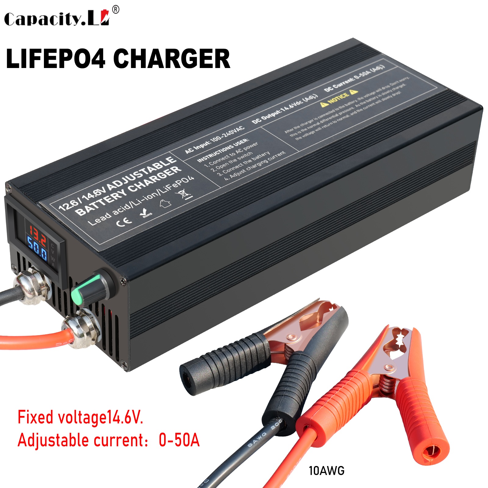 12V 50A High Current Lifepo4 Charger 80A 14.6V12.6V Li-ion Battery Charger 100-240V for Lifepo4 Outdoor Power Fast charging