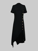 Modigirl Wedding Black Dresses for Women Gold Button Clothes Asymmetrical 2025 Summer Woman Short Sleeves Party Maxi Dresses - Image 3