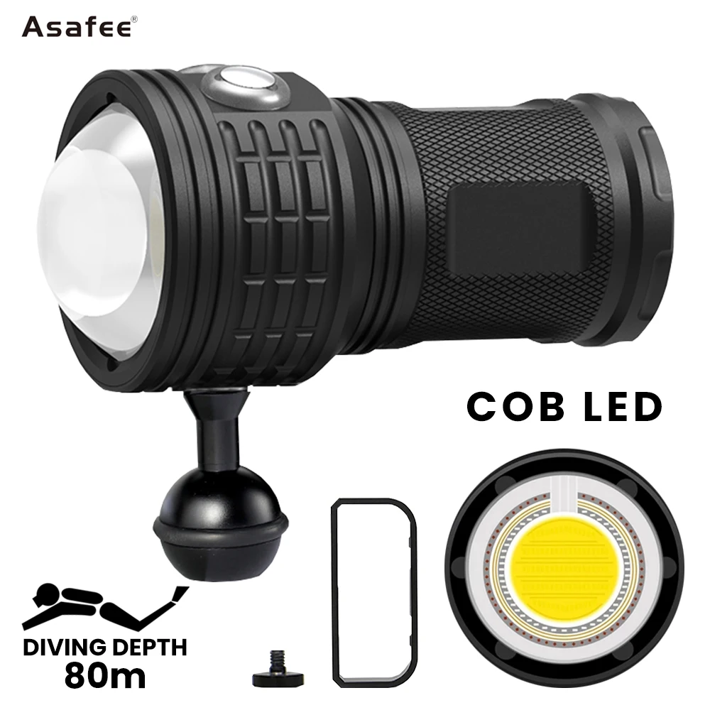 Asafee DRC01 수중 다이빙 손전등, 500m 대형 COB 레드 블루 다이빙 라이트, 방수 사진, 다이빙 필 라이트, 80m, 6000LM