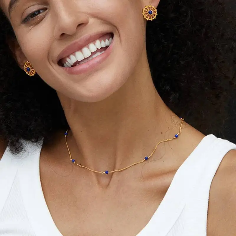 Silver Gold Plated Lapis Lazuli Pearl Sphere Chain Station Necklace