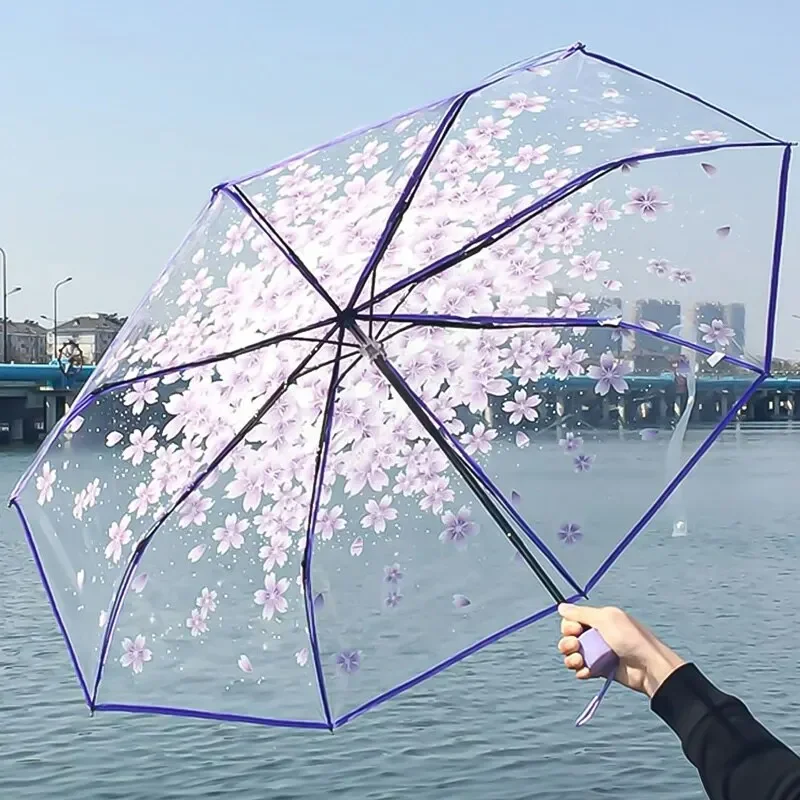 Mini Folding Japanese Umbrella Korean Umbrella Folding Cute Korean Mini Fresh Simple Sen Series Trifold Japanese Cherry Blossom Transparent