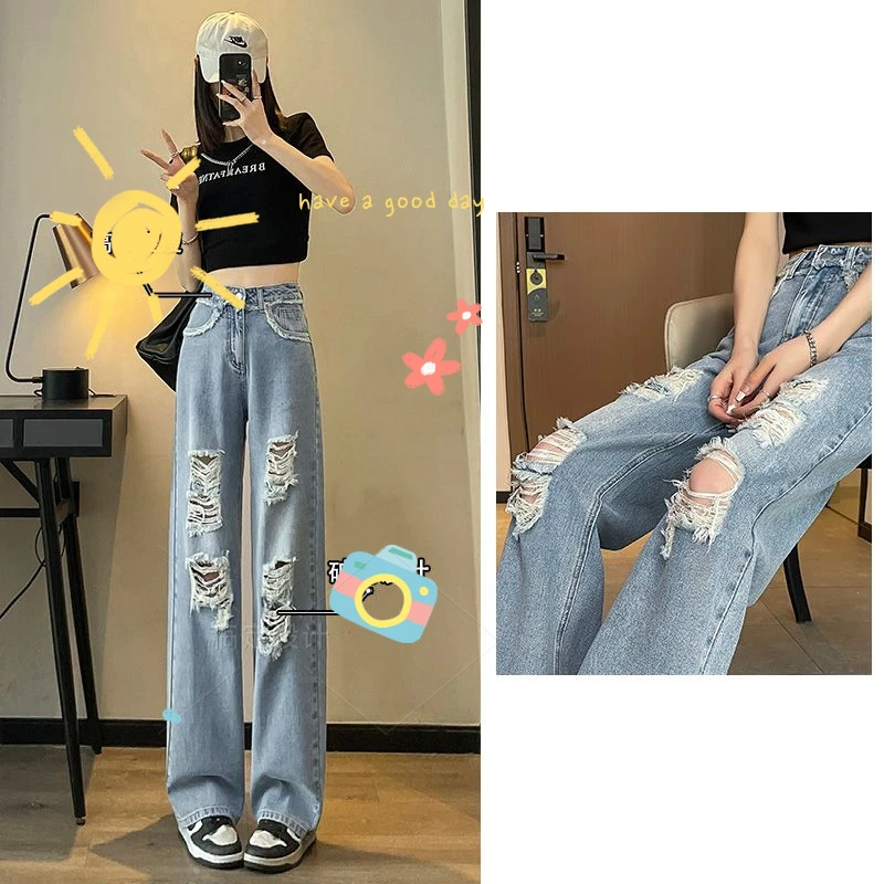 

Повседневные винтажные джинсы в уличном стиле женская модель Y2K, рваные джинсовые брюки с высокой талией, женские свободные брюки с широкими штанинами, новинка 2024, A242