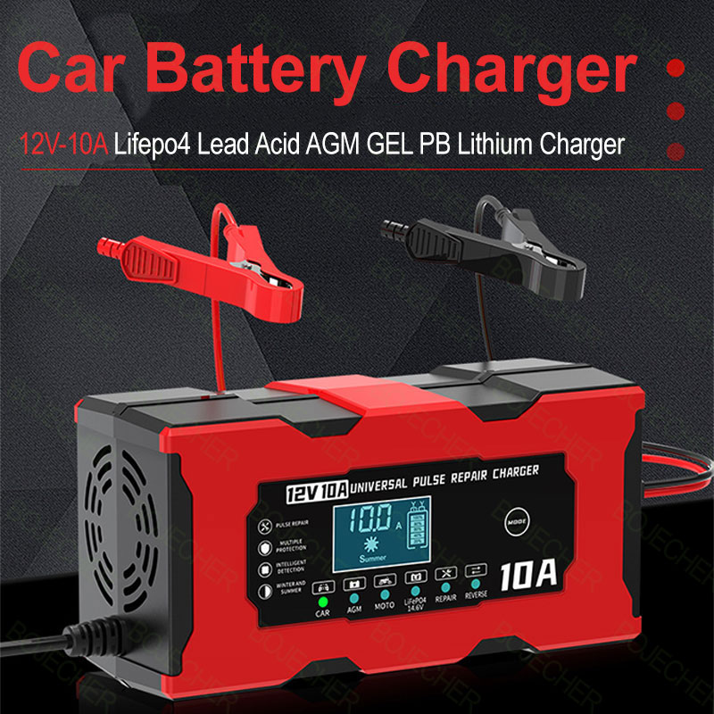 12V 10A Car Battery Charger For Lifepo4 Lead Acid AGM GEL PB Lithium Battery Car Charger Pulse Repair Smart Charger LCD Display