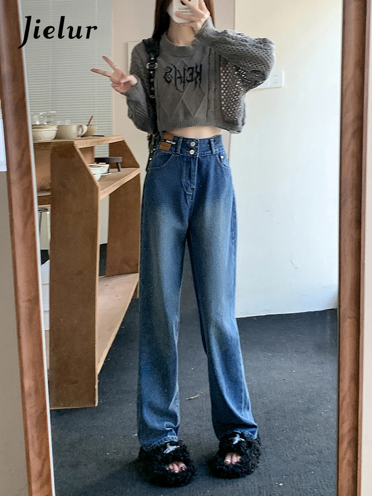 цена Jielur Autumn New Vintage Slim Women Jeans Fashion Street Simple Basic Woman Jeans High Waist Loose Straight Leg Pants Female
