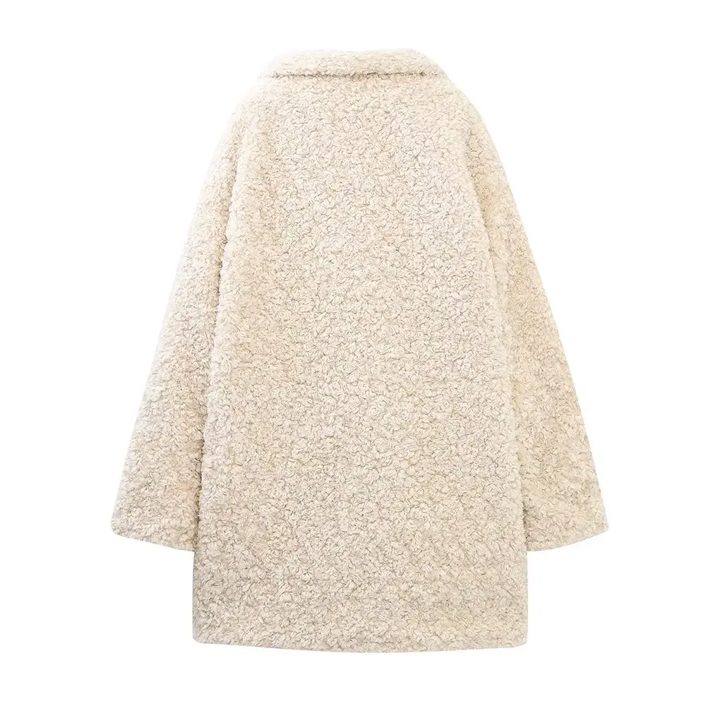 Withered Faux Fur Texture Double-Breasted Coat British Fashion Women's Winter Beige Color Warm Retro Lamb Wool Jacket Women