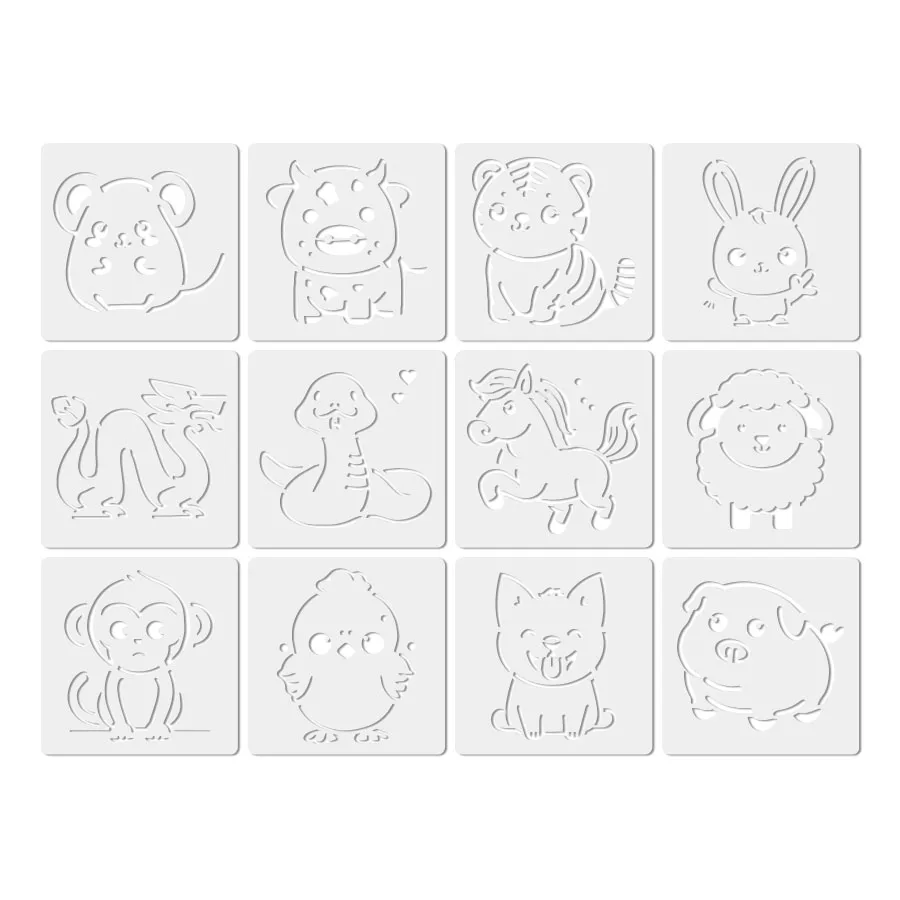 12개 3.9 X 3.9인치 귀여운 동물 스텐실 세트 재사용 가능한 페인팅 템플릿 DIY 저널 벽 나무 패브릭 공예 아늑한 동물 아트용