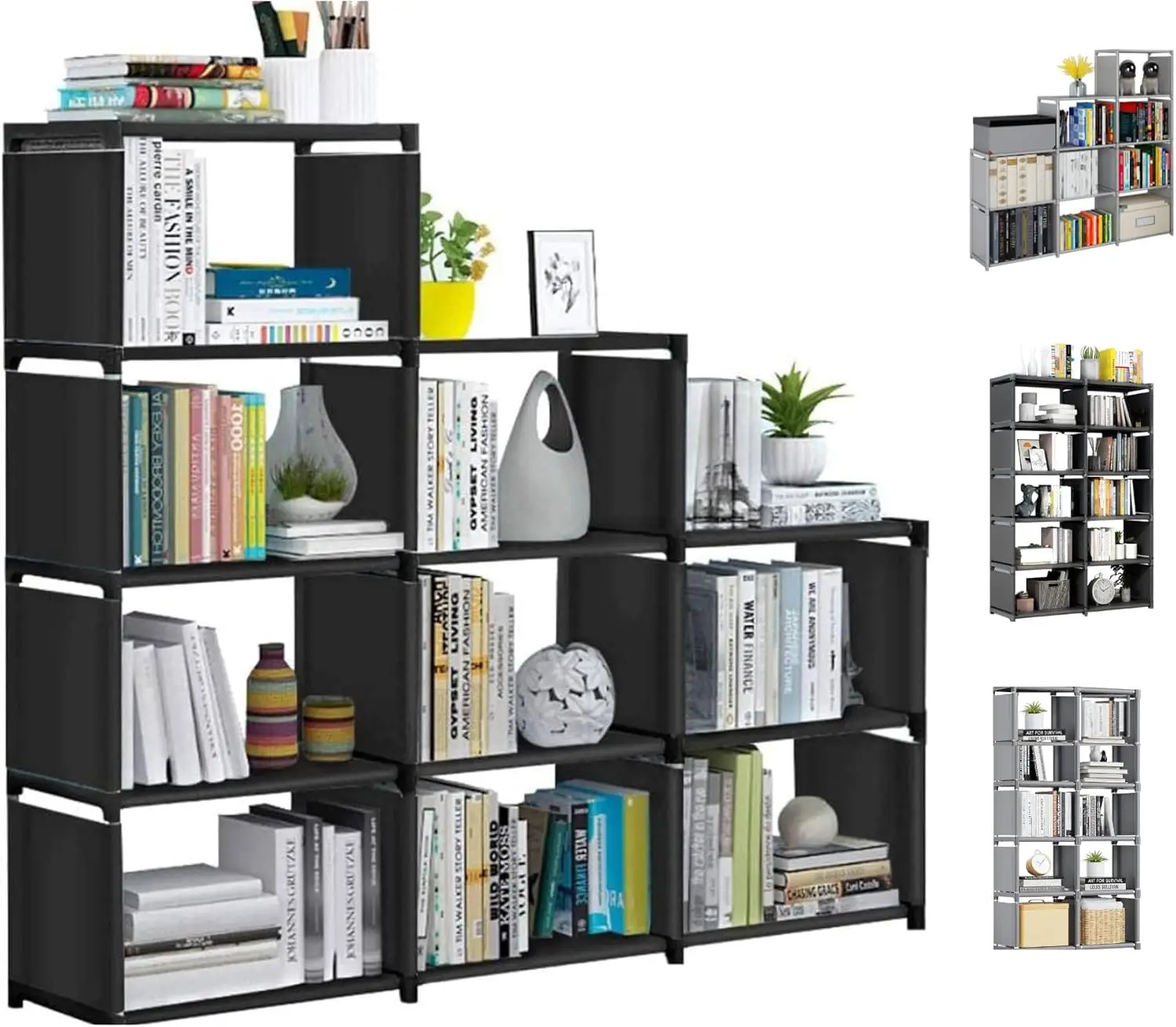 Black Shelving Unit with 9 Cubes, Toy Organizer, Storage for Office and Bedroom