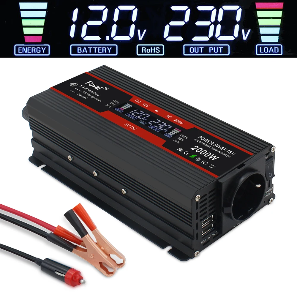 DC 12V/24V To AC 220V 50Hz 1500W/2000W/2600W LCD Digital Display Power Inverter Solar Car Transformer Convert Dual USB EU Socket