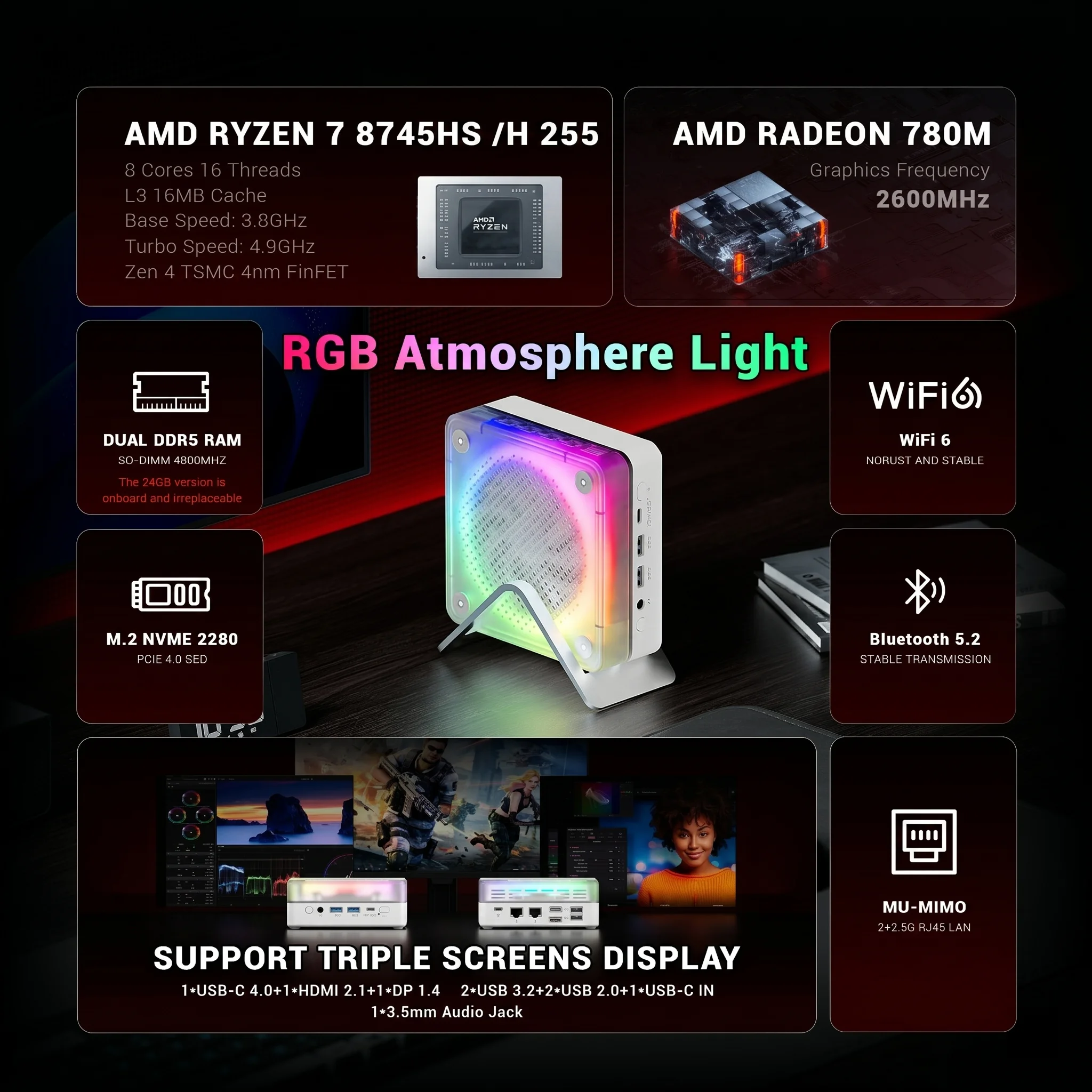 Firebat Mn56 Mini Pc Windows11 Amd R7-8745Hs Ddr5 16Gb+ 512Gb Ssd/Amd R7 H255 Lpddr5 24Gb+1Tb Ssd 8 Cores Desktop Computer Bt 5.2 Wifi6 HDMI Type-C USB