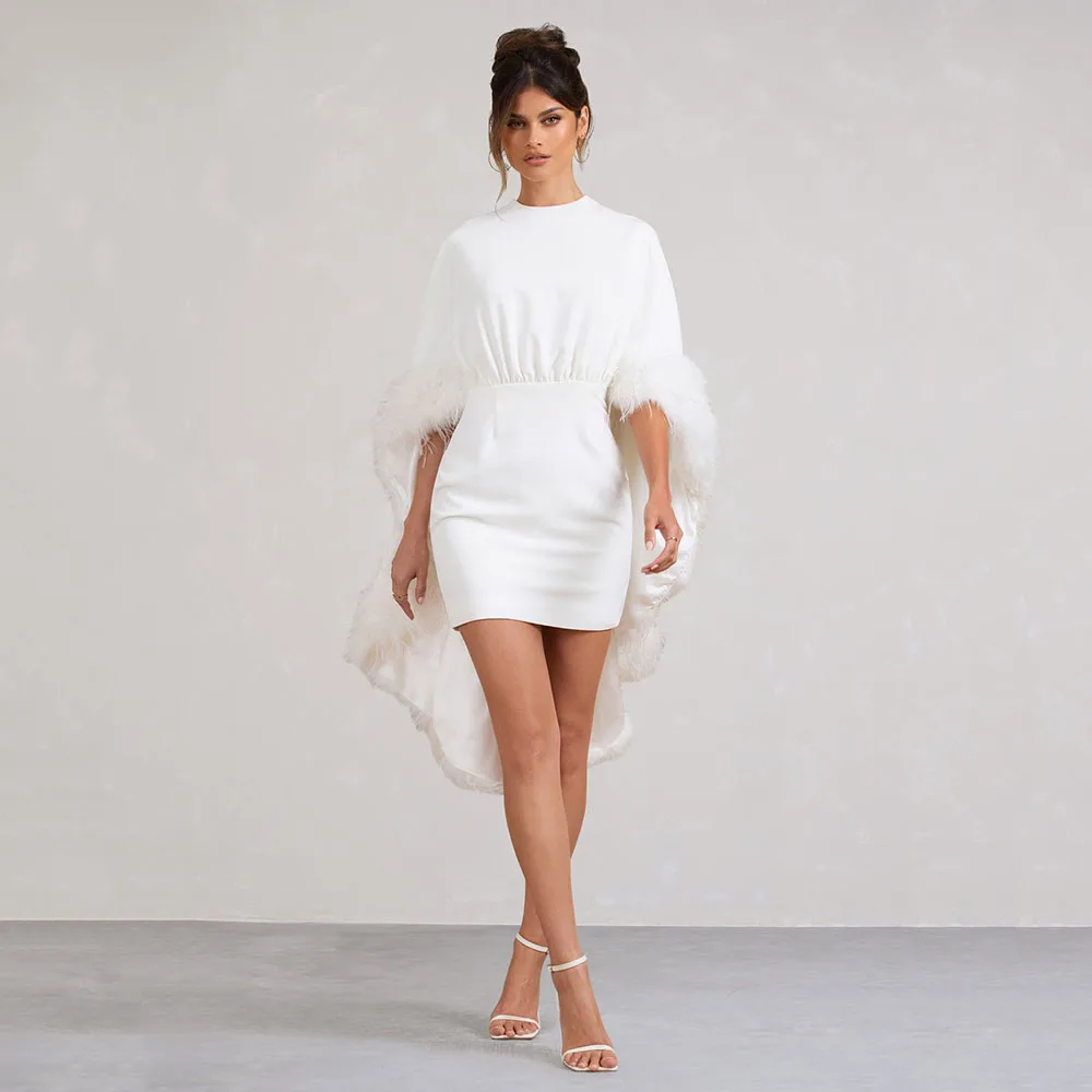 Customized Classic Ivory Cocktail Dresses 2025 Feathers Homecoming Dress with Cape High Low Prom Party Gowns 3/4 Sleeves On Sale - Image 2