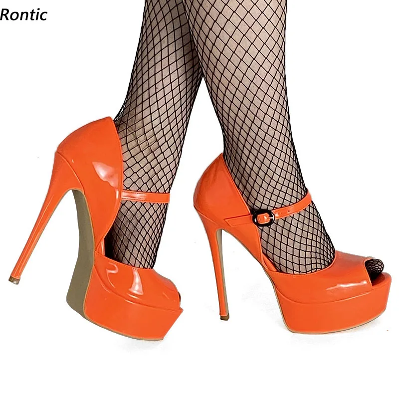 

Rontic Handmade Women Platform Sandals Patent Sexy Stiletto Heels Peep Toe Gorgeous Orange Yellow Red Dress Shoes US Size 5-20