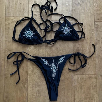 Women Y2k style Graphic Print Bikini Set Sexy Thong Swimsuit Two Pieces Bathing Suit 2000s Goth Bathing Suit Emo girls Swimwear 1
