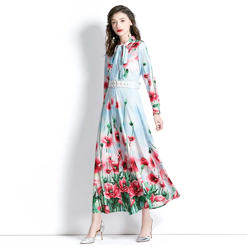 

Holiday Long Sleeve Maxi Dress Women Bow Tie Collar Vintage Flower Print Sashes Buttons Elegant Party Dress Vestidos