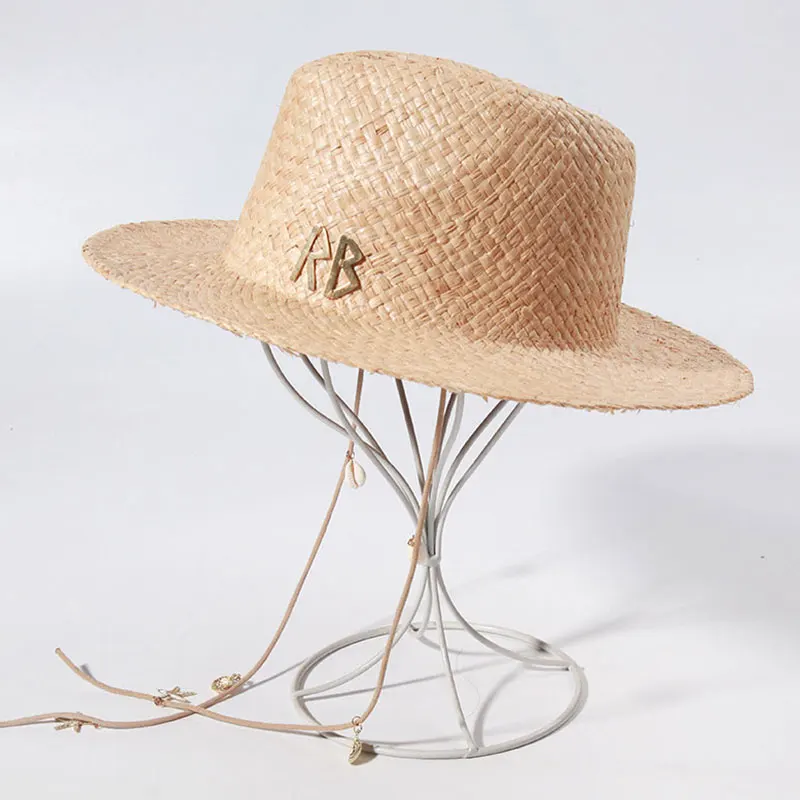 2023 New Letters Summer Jazz Raffia Straw Hat For Women Men Cap Wide Brim Chain Sun Hat Outdoor Fashion Panama Boater Cap 4