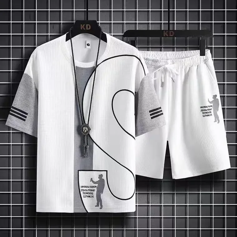 thumbnail image 1 of Conjuntos de camisetas y pantalones cortos para hombre, trajes deportivos con estampado gráfico, ropa de trabajo, conjunto de pantalones cortos para hombre con diseño de gofre, conjunto de 2 piezas, m, 1 of 5