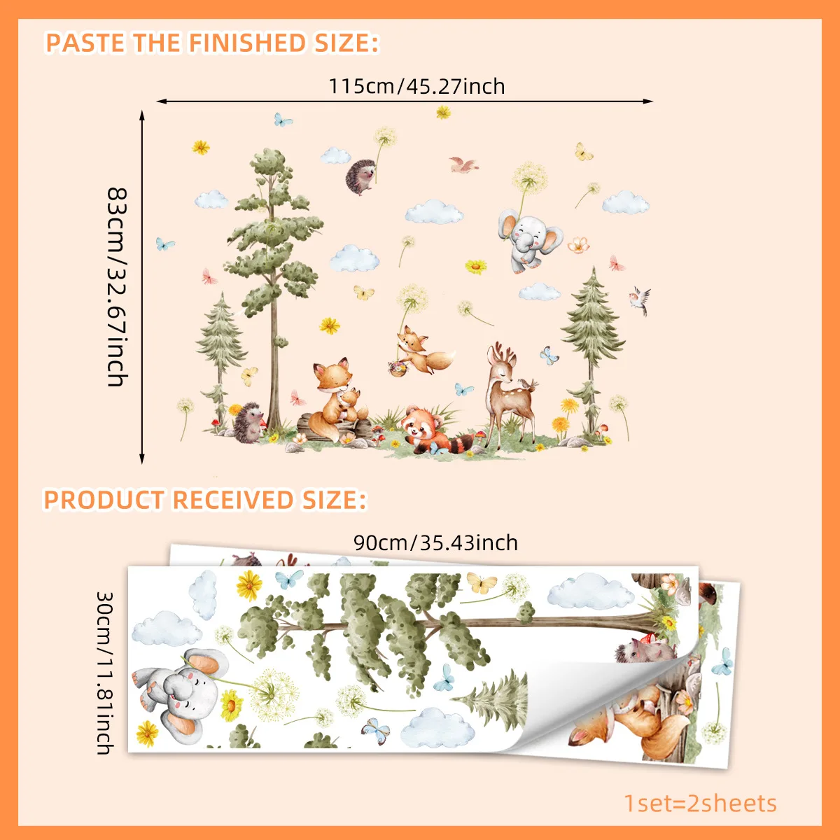 Cartoon Fox Hedgehog Pine Tree Wall Sticker Set Self-Adhesive PVC Decal for Kids' Room Nursery Background Wall