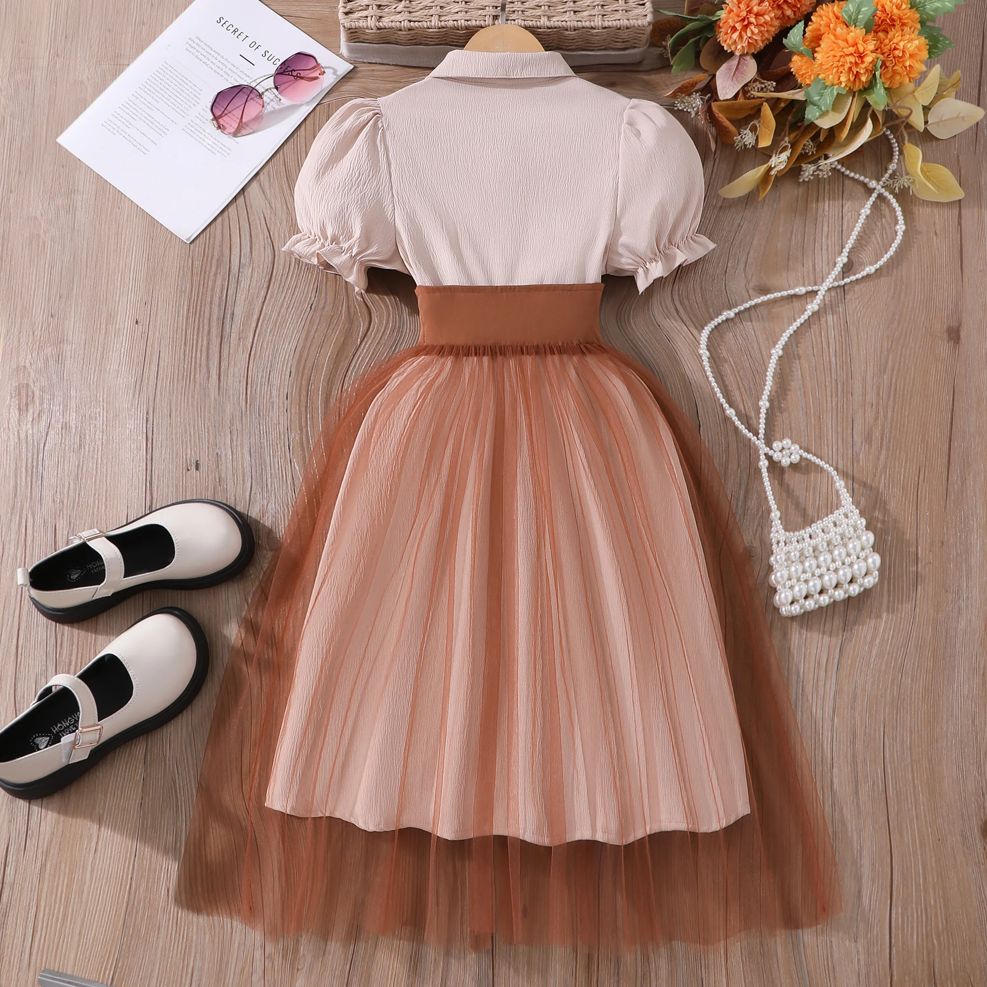Teen Girl Dress Summer Brown Retro Short Sleeve Children