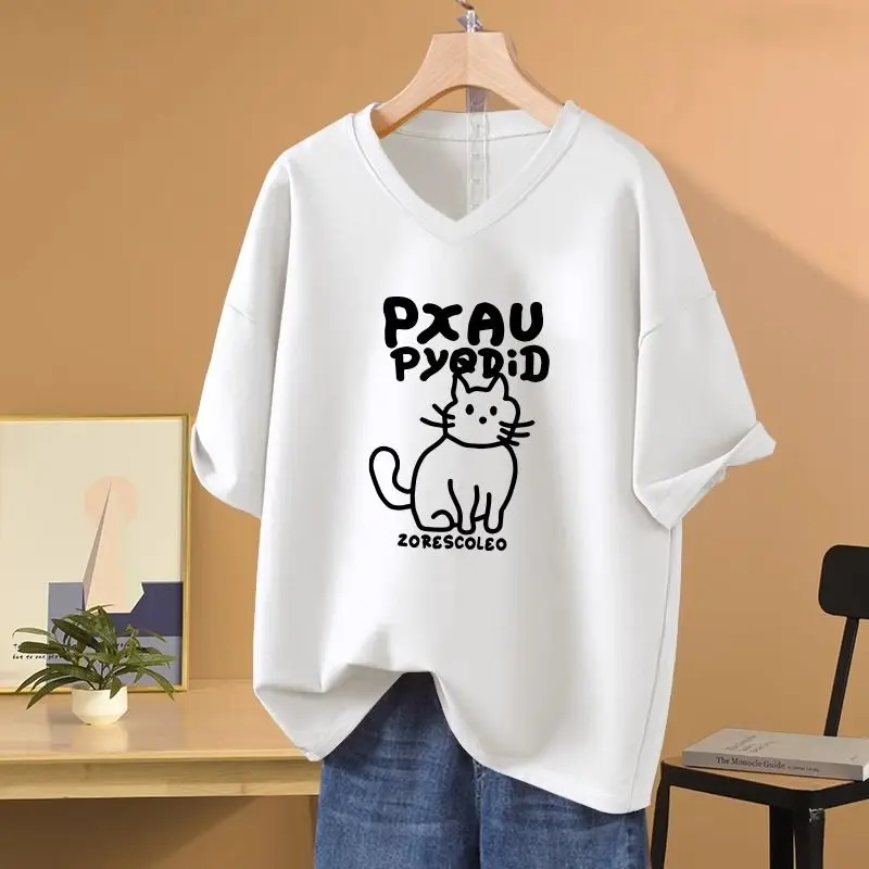 

Women Cute Letter Cartoon Cat Printed Pullover Lady Basics Tops Summer Loose Short Sleeve Pure Cotton V-neck Tee shirt M-6XL