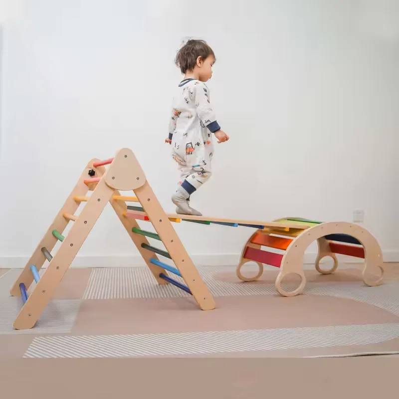 

XIHATOY Rainbow Color Adjustable Wooden Montessori Climbing Triangle Kids Piklers Triangle With Ramps Set Playground Activity