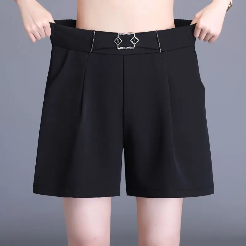 Summer New Women Solid Color Thin Elastic High Waist Bright Line Decoration Pocket Rucheda Casual Straight Wide Leg Suit Shorts