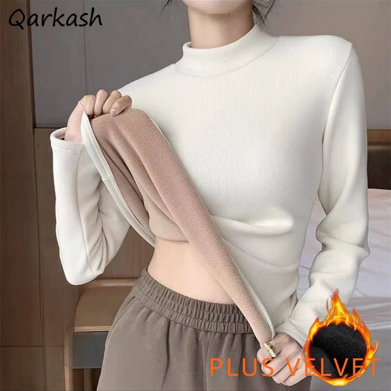 

Thicker T-shirts Women Winter Keep Warm Mock Neck Plus Velvet French Style Fashion New Cold Wear Popular Harajuku Simple Ins