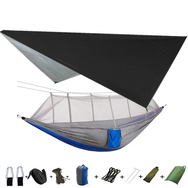 Lightweight Portable Camping Hammock and Tent Awning Rain Fly Tarp Waterproof Mosquito Net Hammock Canopy 210T Nylon Hammocks Black and grey