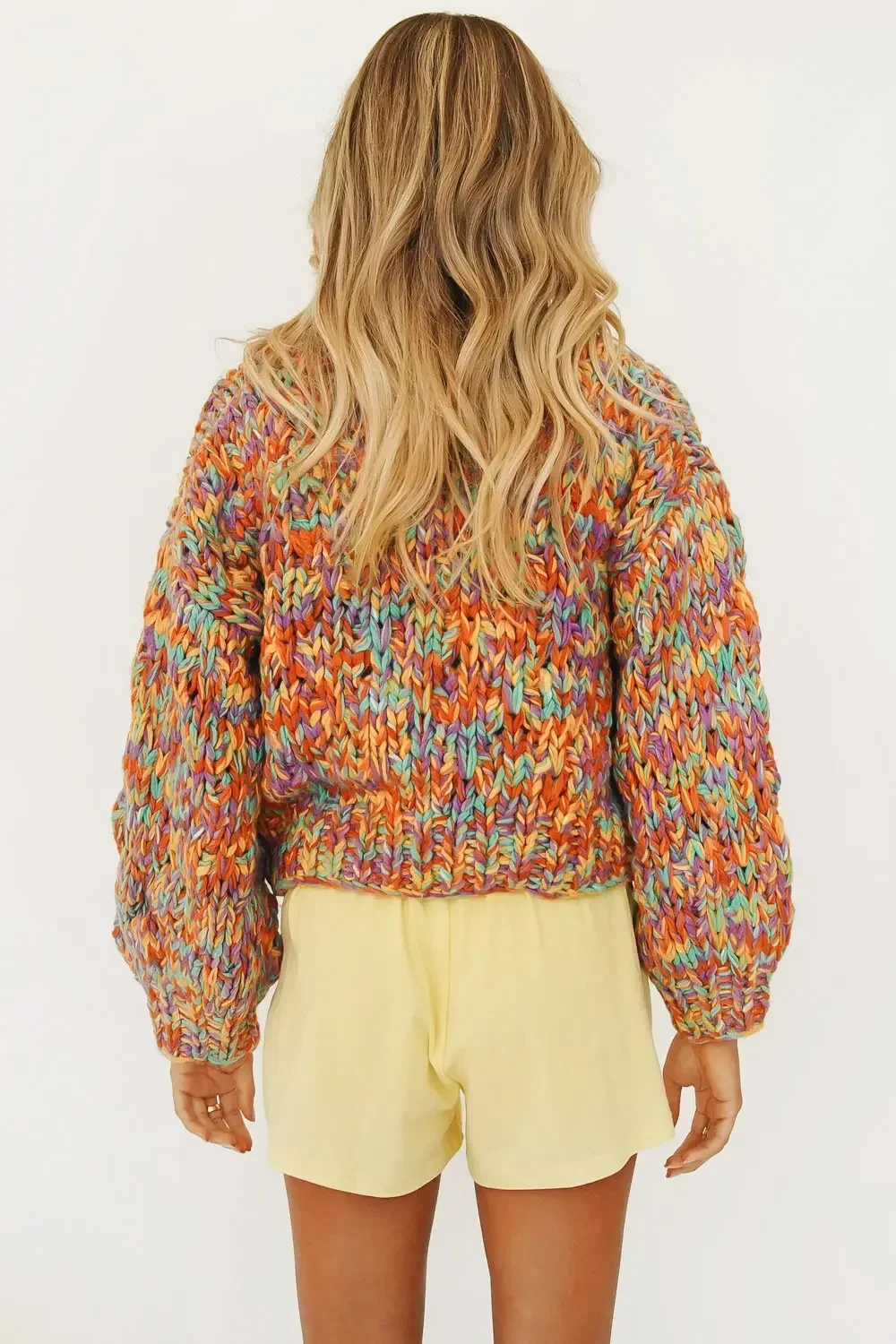 Hand Woven Winter Rainbow Color Knitted Cardigan Fancy Yarn