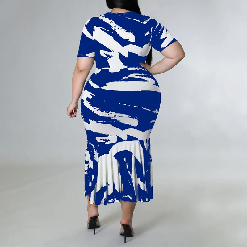 2023 New Women Casual Crew Neck Tie Dye Patchwork Half Sleeve Personality Street Spring Summer Ruffles Plus Size Long Dresses