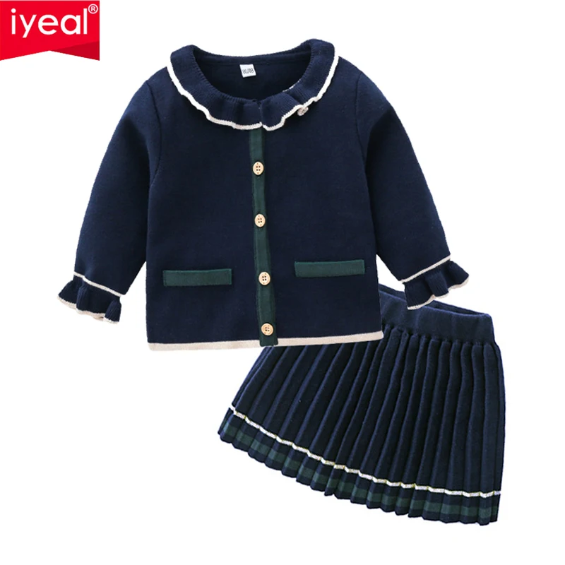 

IYEAL Spring New Arrival Girls Clothing 2 Pieces Suit Sweater Tops Jacket + Knitted Skirt Kids Sets Girls Fashion Clothes Set