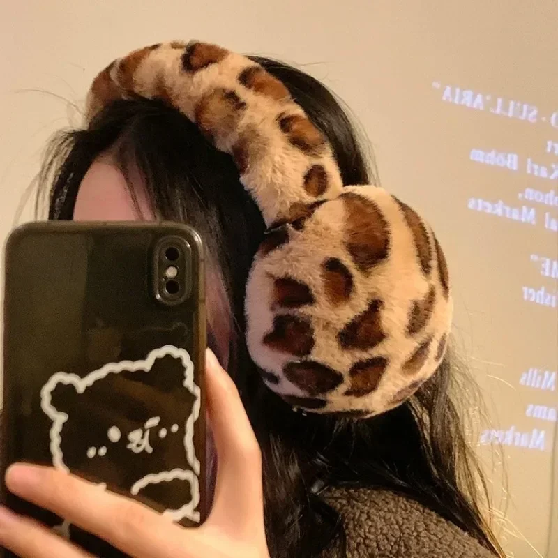 Women Fur Leopard Earmuffs Winter Thickened Warm Y2k Japanese JK Ear Cover Protection Cycling Earbags Y2k Accessories
