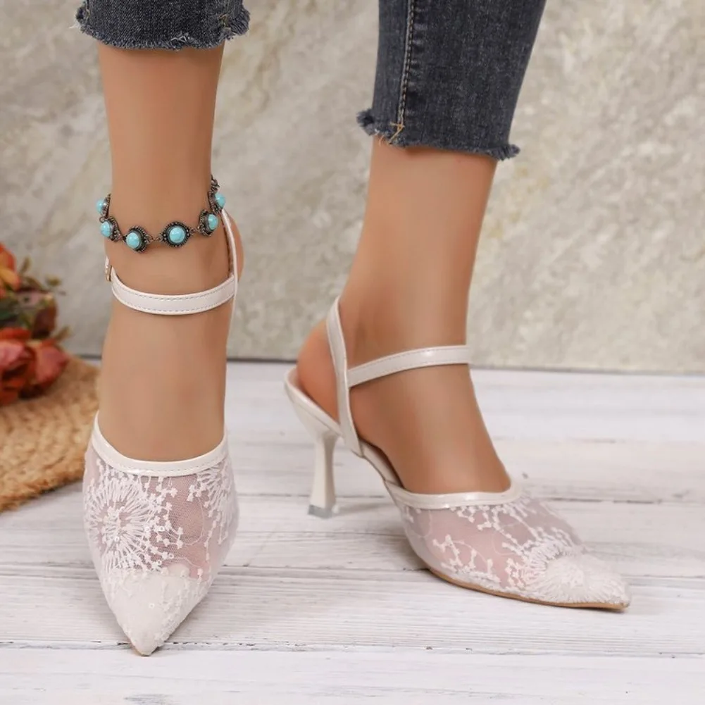 2025 Summer Women Sexy Mesh Lace Slim Sandals Black White Hollow Ankle Buckle High Heels Party Shoes Dress Pointed Female Pumps