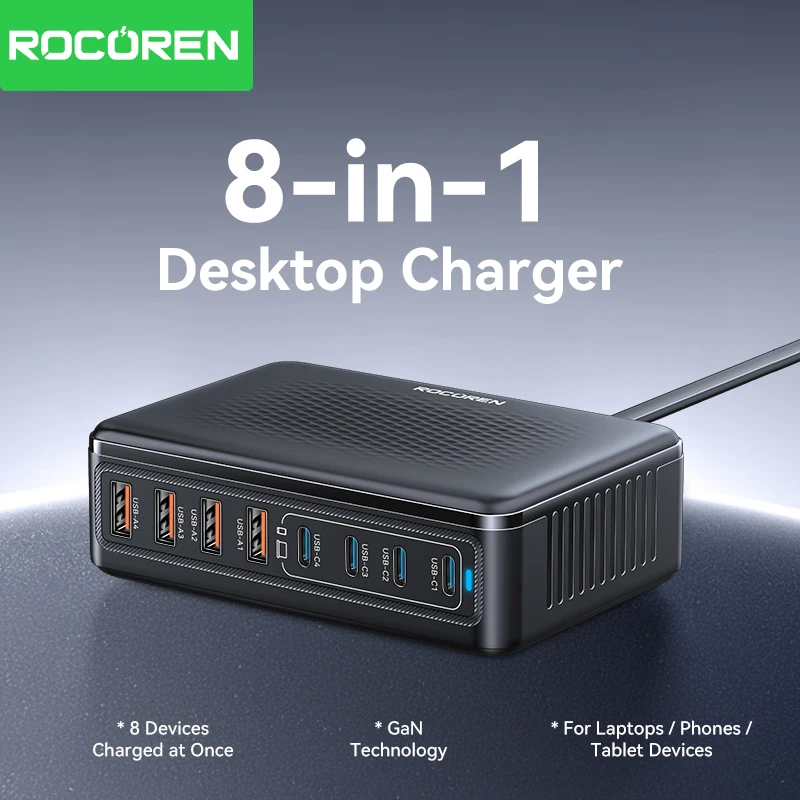 מטען Rocoren 200W GaN 8 ב-1 לטעינה מהירה למחשב שולחני עבור אייפון 17 פרו, שיאומי, סמסונג, מטען USB Type C, תחנת כוח ניידת