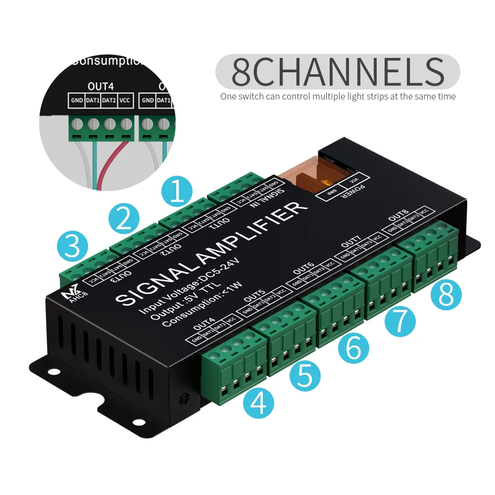 WS2812B 8CH 신호 LED 스트립 증폭기 SPI TTL 신호 출력 WS2811 WS2812 WS2815 WS2813 픽셀 LED 조명 DC5V/12V/24V