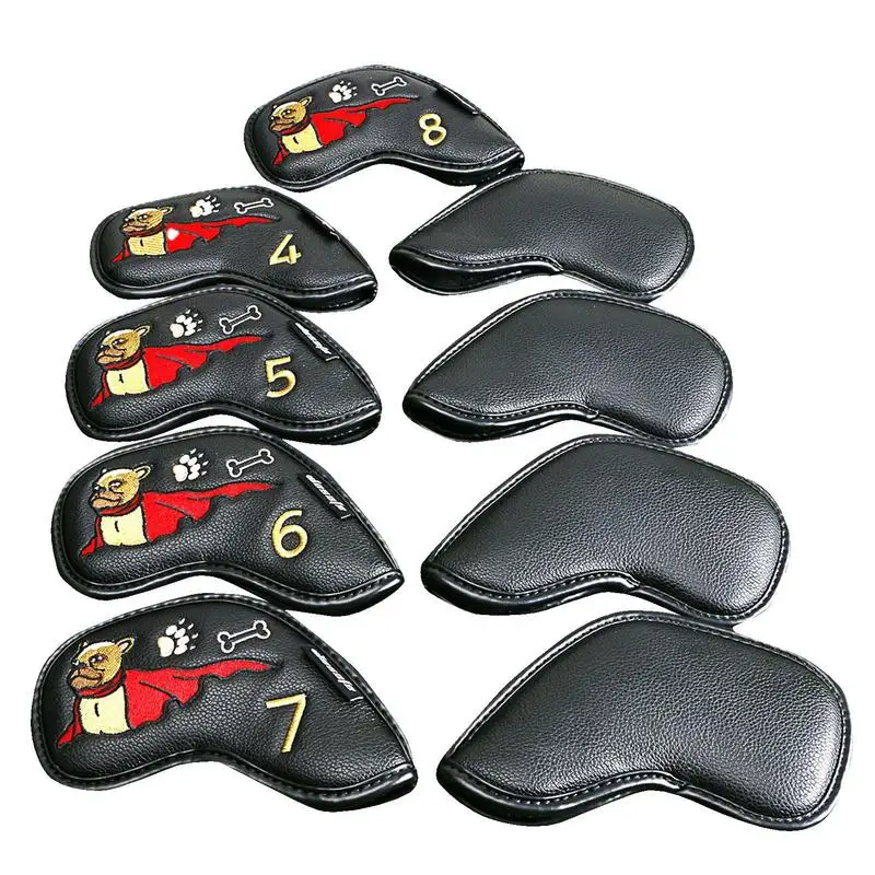 

French Fighting Dog Pattern Golf Head Cover 9pcs Driver Head Cover Dog Funny Thick Synthetic PU Leather Golf Iron Head Covers