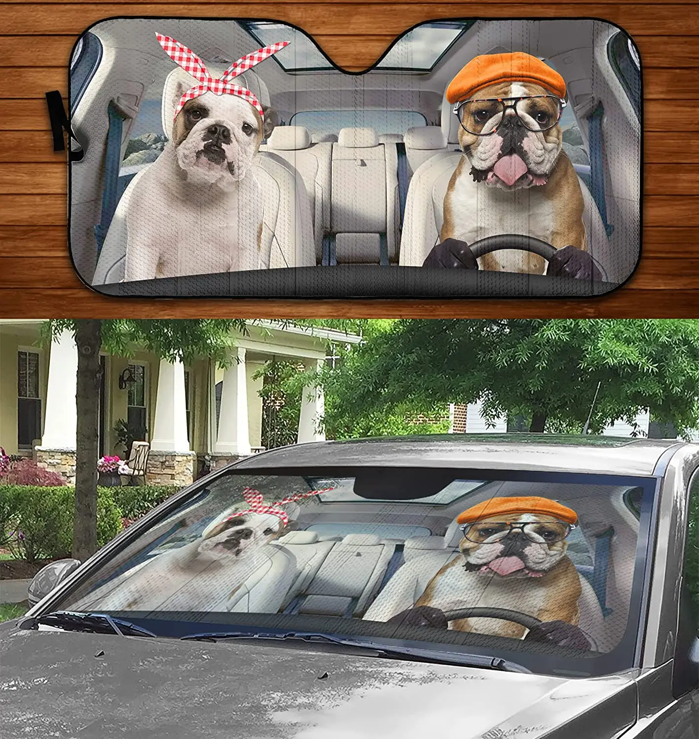 

Bulldogs Driving Headband Eyeglasses Dog Couple Summer Car Sunshade, Bulldogs Car Window Sun Cover Car Windshield Durable Visor