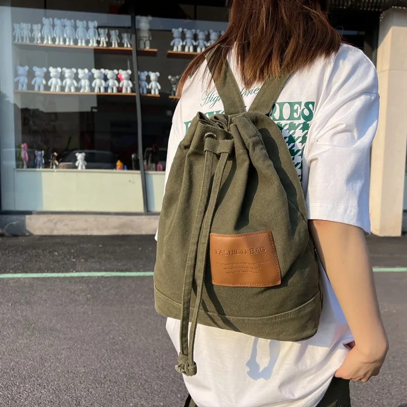 Women's Shoulder Bag 2024 New Drawstring Canvas Bag Solid Color Simple Commuting Large Capacity Fashion Backpack