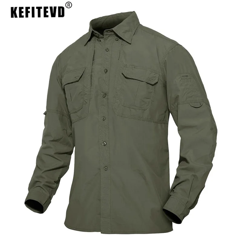 Mens Long Sleeve Fishing Shirts Multi-Pocket Outdoor Quick Dry Nylon