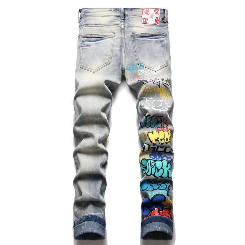 EH·MD® Graffiti Embroidered Jeans Men's Four Seasons Punk Style Elastic High Street Fashion Zipper Slim Fit Gradient Color 2023