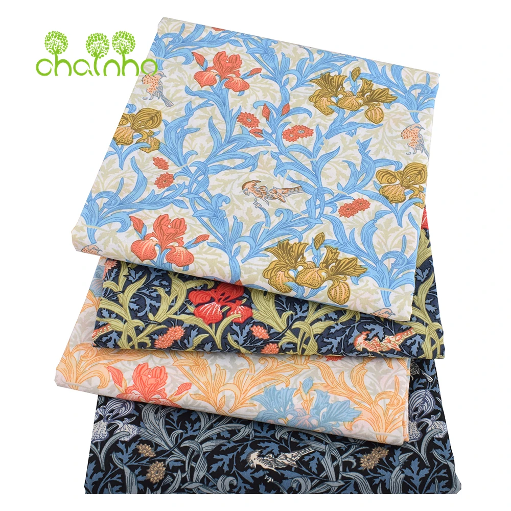 Chainho,Printed Plain Weave Poplin Cotton Fabric,DIY Quilting Sewing Material,Patchwork Cloth,Floral Series,2 Sizes,15PC213
