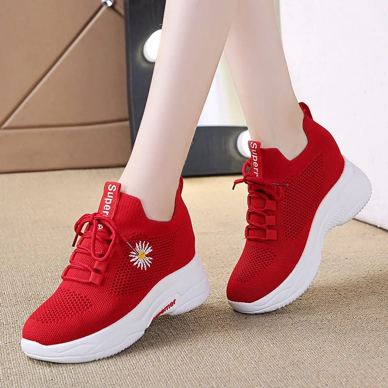 

Small Chrysanthemum Pattern Sneakers Summer Autumn Low Heel Ladies Casual Wedges Platform Shoes Female Thick Bottom Trainers