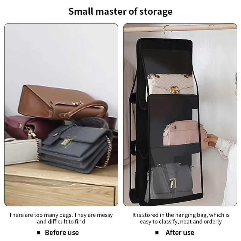 Black Handbag Hanging Organizer Foldable Oxford Cloth Handbag Storage Bag With 6 Pockets For Family Closet Bedroom