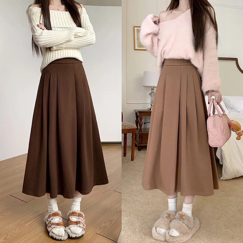 

S-XL 2Colors Women Wool Long Skirt Autumn Winter 2023 Woolen A Line High Waist Ball Grown Long Skirts Female(L3095
