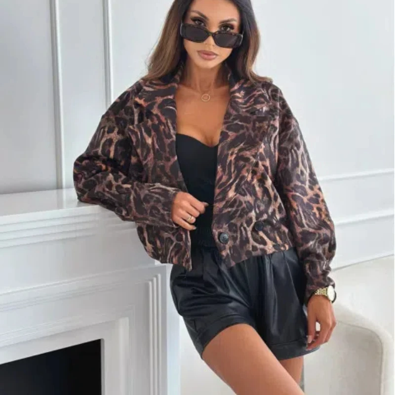 Autumn and Winter New Slimming Versatile Long Sleeved Short Leopard Print Suit Jacket for Women 177