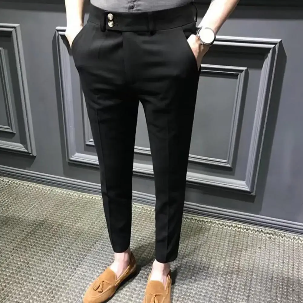 Trendy Ninth Suit Pants Office Slim Fit Wear-resistant Zip Up Ninth Suit Pants  Ankle Length Ninth Trousers Male Garment 6