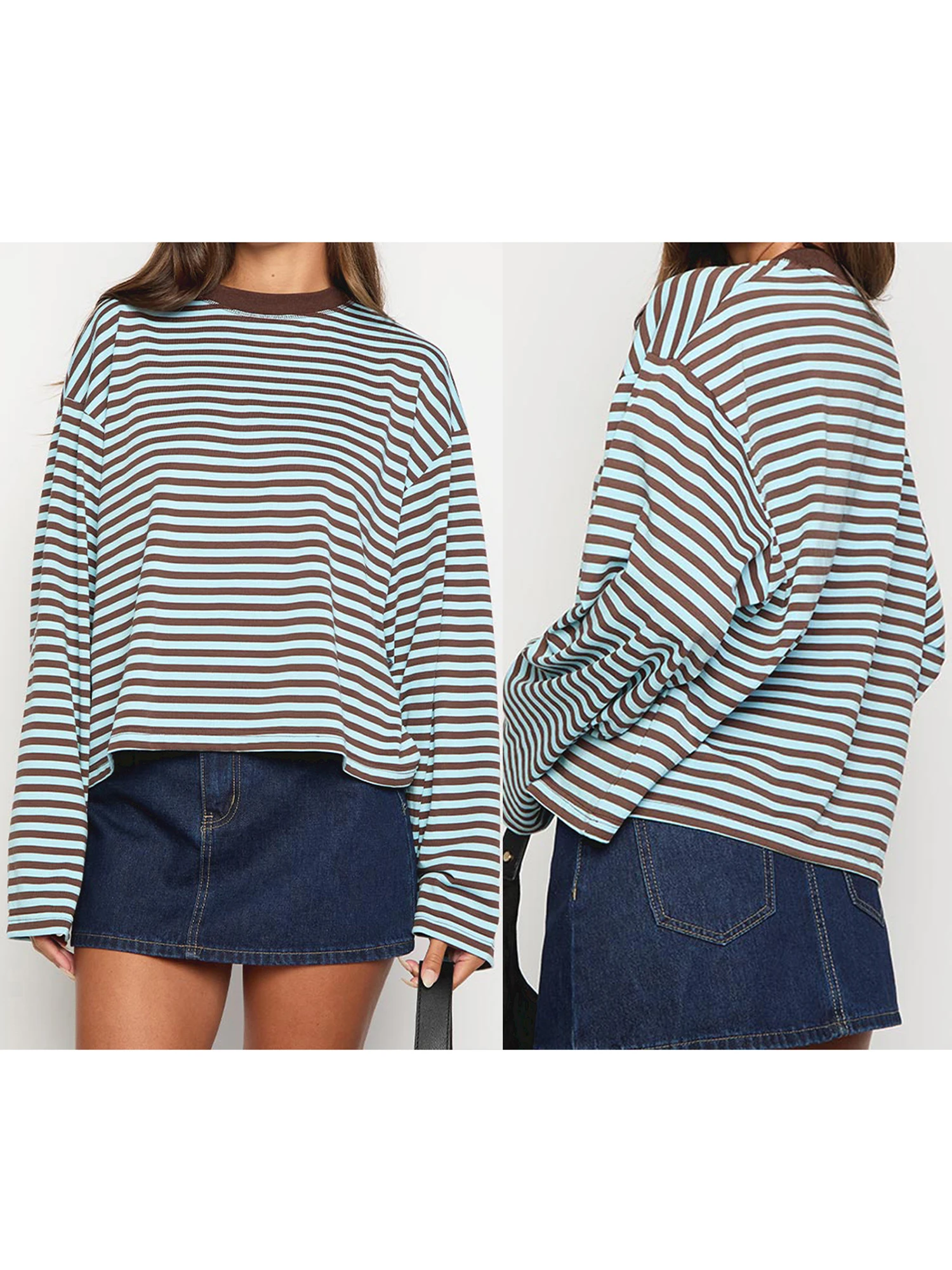 Women s Striped T-shirt Stylish Long Sleeve Crew Neck Loose Fit Top for Fall Casual Streetwear for Ladies