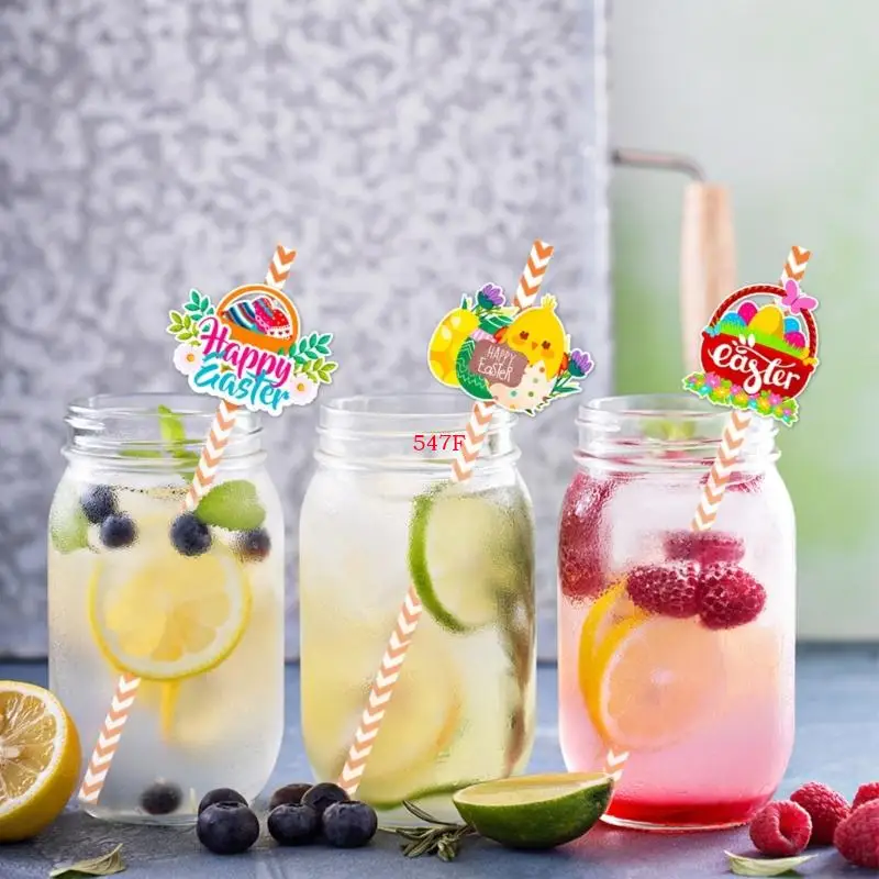 547F 24pcs Easters Themed Stripe Paper Straw for Picnics Eggs Rabbits Biodegradable Drinking Straw Birthday Party Supplies