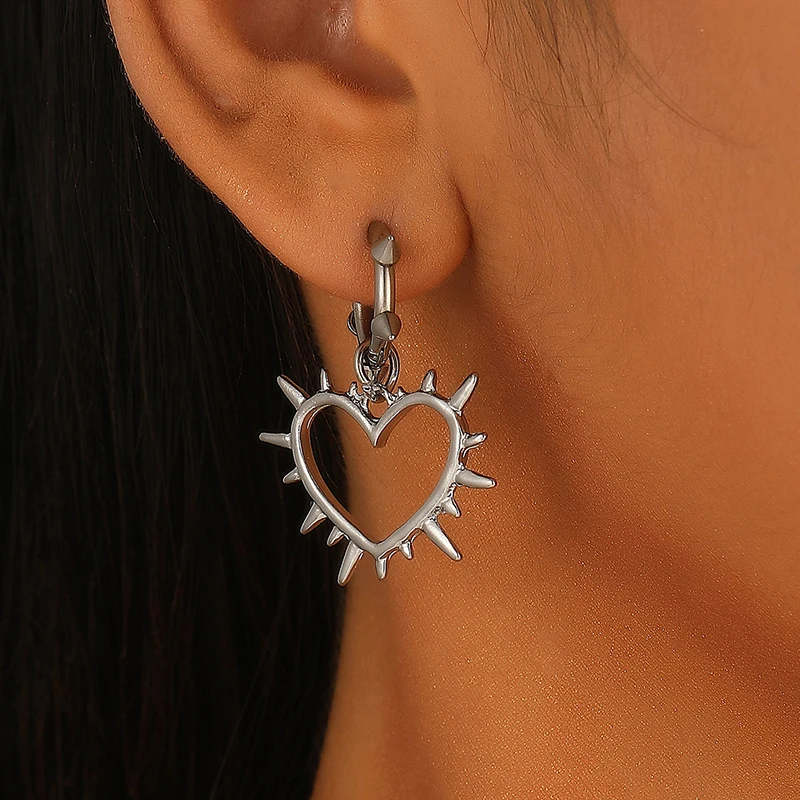 Stainless Steel Thorns Heart Hoop Earrings - Punk Style Jewelry Accessory